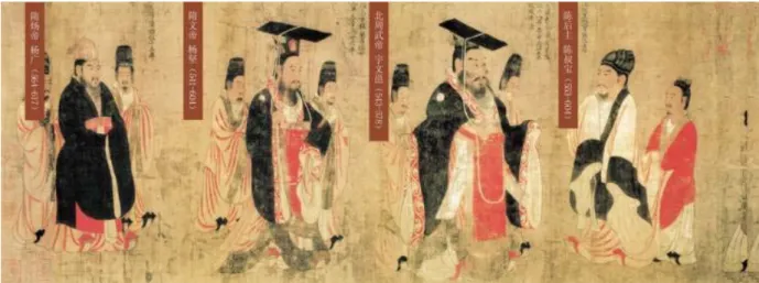圖 22 ， 閰立本〈列帝圖卷〉1060 年 ， 縱 51.3 厘米，橫 531 厘米。  美國波士頓美術館藏  圖 23 ， 閰立本〈列帝圖卷〉多條垂直線  （二）水平線構圖       此正是國畫裡所謂「一河兩岸」式的構圖，也就是一種長短 平行的構圖。數條長短不一的水平線一直平行過去，描繪海洋或寬濶 的河岸風景，很適合採用平行線圖，它具有平靜、安定與舒暢的感 覺。如倪瓚的「容膝齋」(圖 24)、 「江岸望山」 、 「疏林遠岫」和「紫 芝山房」 、唐王維的「雪溪圖」 、皆為一河兩岸多條平行線的構圖。 