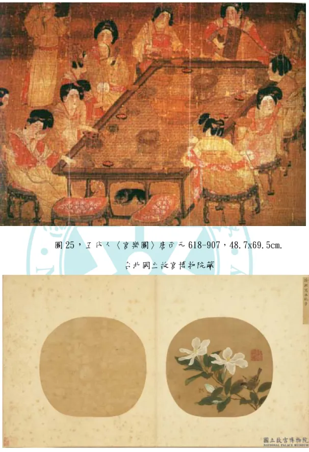 圖 25 ， 五代人〈宮樂圖〉唐西元 618-907，48.7x69.5cm.  台北國立故宮博物院藏  圖 26，徐熙〈寫生梔子〉宋，24.7x26.5.cm，台北國立故宮博物院藏  (四)對角線構圖  1、一條對角線分割構圖法：在一幅畫面之上，畫家於動筆之先 就在畫面上擬定一條對角線，或由左上角到右下角，或由右上角到左