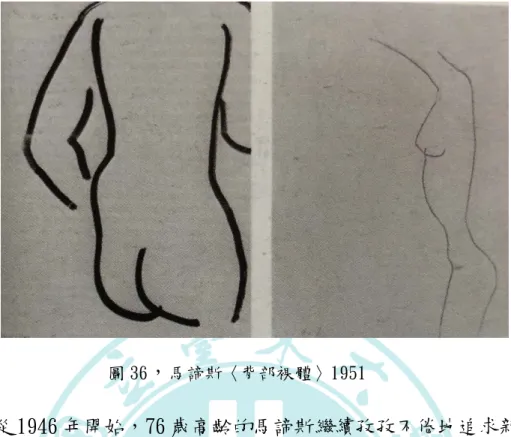 圖 36 ， 馬諦斯〈背部裸體〉1951 從 1946 年開始，76 歲高齡的馬諦斯繼續孜孜不倦地追求新的藝 術表現形式，他開始完全用線條表現主題，畫面簡單到只剩下用黑墨 畫的線條。馬諦斯晚年的作品褪去所有色彩的裝飾，只剩下黑白兩 色。馬諦斯在創作中，素描和繪畫同時進行，線條極度簡練，在沒有 色彩後，繪畫反而達到他一直追尋的精神境界。實際上，馬諦斯在線 條的勾勒方面進行過大量的探索工作，通過畫筆線條的粗與細的細微 變化來突出事物和人體輪廓，以此來代替繪畫中的光與影，明與暗的 對比。黑色對他來說就是一種凝聚光