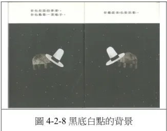 圖 4-2-8 黑底白點的背景  在萱萱的口述故事中，僅在《發現一頂帽子》裡，第二幕看著夕陽 篇，萱萱敘述：「等到晚上。」〈萱-帽 3-口述 1-1081121〉從場景顏色 上的變化中，阿邱很直接說了： 「黑漆貓貓。」 〈邱-帽 3-口述 1-1081120〉 把顏色形容出來，但萱萱則轉化為時間的流動。  （四）  幽默  閱讀的過程中萱萱並無展現感到好笑的表情或肢體動作，也沒有從 口語中主動表達認為好笑或有趣的部分。  三、阿興 在閱讀《找回我的帽子》與《這不是我的帽子》時，阿興皆能口述故事且 與筆者一同