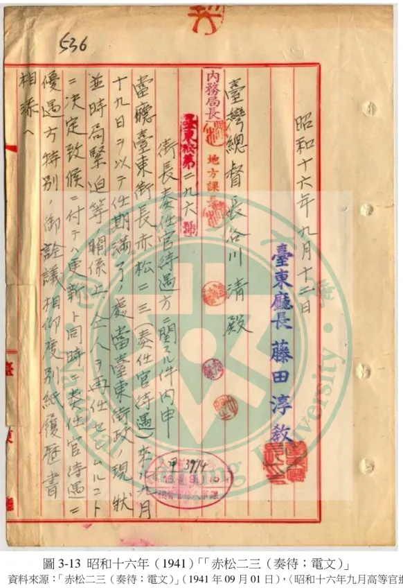 圖 3-13  昭和十六年（1941）「「赤松二三（奏待；電文）」  資料來源： 「赤松二三（奏待；電文）」 （1941 年 09 月 01 日）， 〈昭和十六年九月高等官進退 原議〉 ， 《臺灣總督府檔案》 ，國史館臺灣文獻館，典藏號：00010114053，頁 537。  戰前曾擔任臺東街役長者共有 7 位，如表 3-3 所示，但居住在臺東街役長宿舍 者，由於臺東街役長宿舍於昭和 12 年（1937）竣工，因此居住街役長應該只有赤 松二三。 