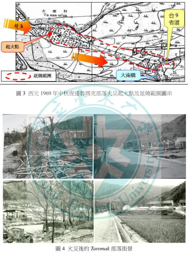 圖 3  西元 1969 年中秋夜達魯瑪克部落火災起火點及延燒範圍圖示 
