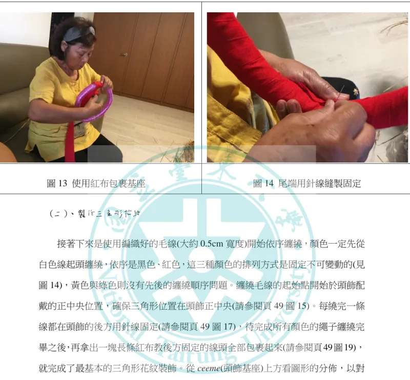 圖 13  使用紅布包裹基座  圖 14  尾端用針線縫製固定  (二)、製作三角形花紋          接著下來是使用編織好的毛線(大約 0.5cm 寬度)開始依序纏繞，顏色一定先從 白色線起頭纏繞，依序是黑色、紅色，這三種顏色的排列方式是固定不可變動的(見 圖 14)，黃色與綠色則沒有先後的纏繞順序問題。纏繞毛線的起始點開始於頭飾配 戴的正中央位置，確保三角形位置在頭飾正中央(請參閱頁 49 圖 15)。每繞完一條 線都在頭飾的後方用針線固定(請參閱頁 49 圖 17)，待完成所有顏色的繩子纏繞完 畢