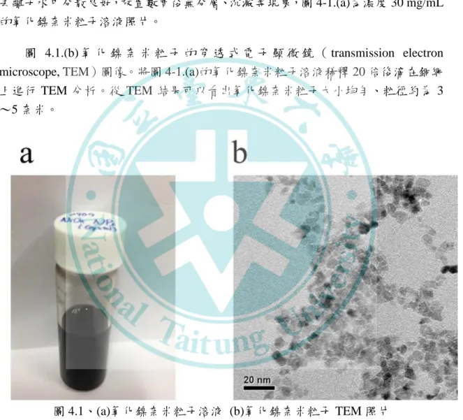 圖 4.1、(a)氧化鎳奈米粒子溶液  (b)氧化鎳奈米粒子 TEM 照片 