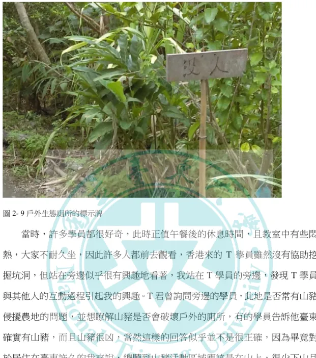 圖 2- 9 戶外生態廁所的標示牌 當時，許多學員都很好奇，此時正值午餐後的休息時間，且教室中有些悶 熱，大家不耐久坐，因此許多人都前去觀看，香港來的 T 學員雖然沒有協助挖 掘坑洞，但站在旁邊似乎很有興趣地看著，我站在 T 學員的旁邊，發現 T 學員 與其他人的互動過程引起我的興趣。 T 君曾詢問旁邊的學員，此地是否常有山豬 侵擾農地的問題，並想瞭解山豬是否會破壞戶外的廁所，有的學員告訴他臺東 確實有山豬，而且山豬很凶，當然這樣的回答似乎並不是很正確，因為畢竟對 於居住在臺東許久的我來說，總聽到山豬活動區
