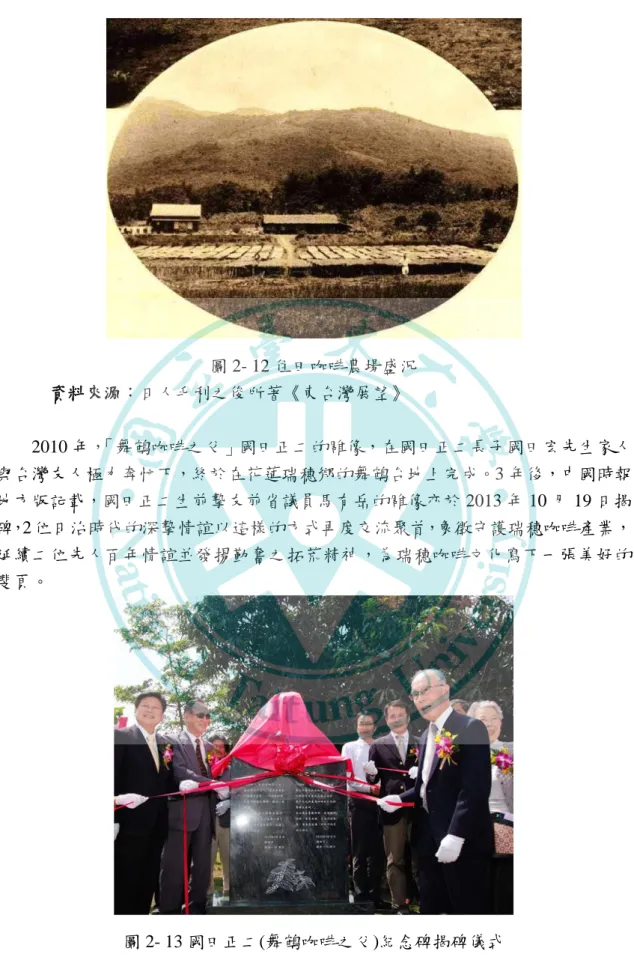 圖 2- 12 住田咖啡農場盛況  資料來源：日人毛利之俊所著《東台灣展望》  2010 年， 「舞鶴咖啡之父」國田正二的雕像，在國田正二長子國田宏先生家人 與台灣友人極力奔忙下，終於在花蓮瑞穗鄉的舞鶴台地上完成。3 年後，中國時報 地方版記載，國田正二生前摯友前省議員馬有岳的雕像亦於 2013 年 10 月 19 日揭 碑，2 位日治時代的深摯情誼以這樣的方式再度交流聚首，象徵守護瑞穗咖啡產業， 延續二位先人百年情誼並發揚勤奮之拓荒精神，為瑞穗咖啡文化寫下一張美好的 斐頁。  圖 2- 13 國田正二(舞