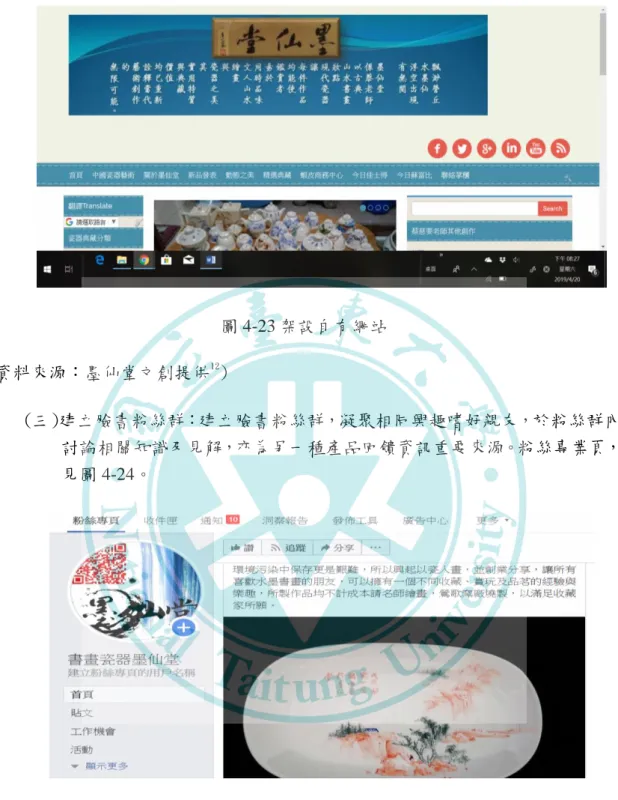 圖 4-23 架設自有網站  (資料來源：墨仙堂文創提供 12 )  (三)建立臉書粉絲群：建立臉書粉絲群，凝聚相同興趣嗜好親友，於粉絲群內 討論相關知識及見解，亦為另一種產品回饋資訊重要來源。粉絲專業頁， 見圖 4-24。  圖 4-24 建立臉書粉絲頁  (資料來源：臉書、墨仙堂文創提供 13 )                                                    12 資料來源：墨仙堂文創提供。取自 https://mosht168.blogspot.com/  13