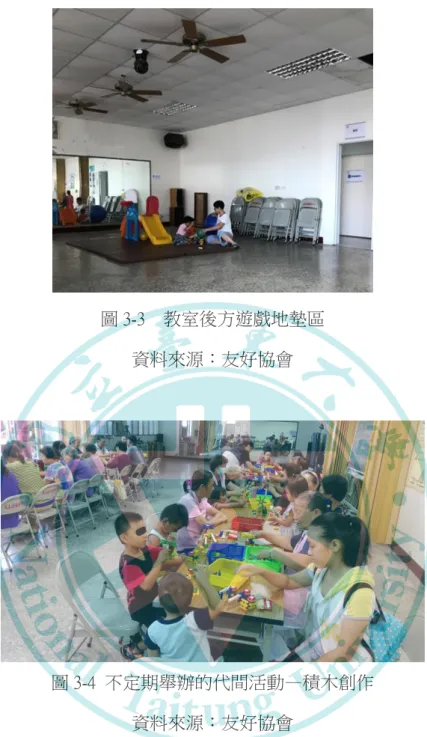 圖 3-3    教室後方遊戲地墊區  資料來源：友好協會  圖 3-4  不定期舉辦的代間活動—積木創作  資料來源：友好協會          2018 年因托育政策改為兩歲以上幼兒即有學費補助，寒假後新學期開始， 許多家長為了讓小朋友有更好與專業的幼兒環境，所以紛紛將幼兒轉送到鄉立幼 兒園就讀，所以和親堂幼兒招收人數銳減。為了解決這個問題，於是協會決定同 年 4 月改與當地教會小學課後輔導班合作，在與山水據點的長輩溝通後，將山水 據點教室遷移至教會處，希望繼續營造老幼共處的環境。 