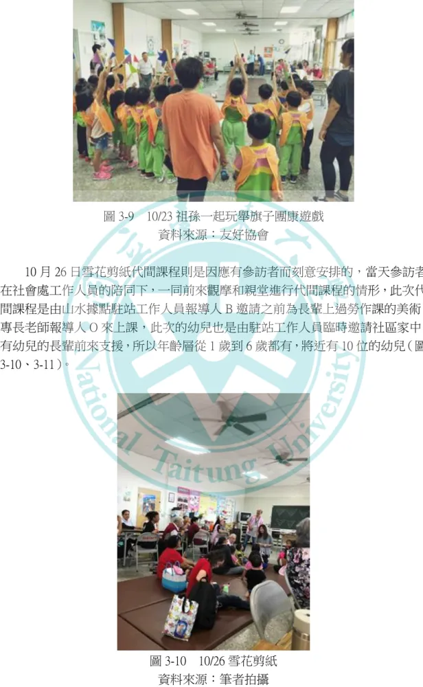 圖 3-9    10/23 祖孫一起玩舉旗子團康遊戲  資料來源：友好協會          10 月 26 日雪花剪紙代間課程則是因應有參訪者而刻意安排的，當天參訪者 在社會處工作人員的陪同下，一同前來觀摩和親堂進行代間課程的情形，此次代 間課程是由山水據點駐站工作人員報導人 B 邀請之前為長輩上過勞作課的美術 專長老師報導人 O 來上課，此次的幼兒也是由駐站工作人員臨時邀請社區家中 有幼兒的長輩前來支援，所以年齡層從 1 歲到 6 歲都有，將近有 10 位的幼兒（圖 3-10、3-11） 。  圖 3