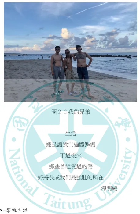 圖 2- 2 我的兄弟  生活  總是讓我們遍體鱗傷  不過後來  那些曾經受過的傷  終將長成我們最強壯的所在  海明威  肆、中年級-學校生活  這段時間是我人生當中最痛苦的時候，一方面是換了安親班，另一方面是我 最親愛的阿公過世了。要不是有加入田徑隊、有欣賞的女生，我根本不想去學校! 那段時間很常請假，從阿公住院開始一直到阿公出殯結束，請了不少假。  那個時候的我，常常想著，為什麼我這麼不幸，怎麼可以遇到這麼多不開心 的事，親人的離開、喜歡的女生不喜歡我。那時好多好多負能量，我也不知道怎 麼去發洩，最