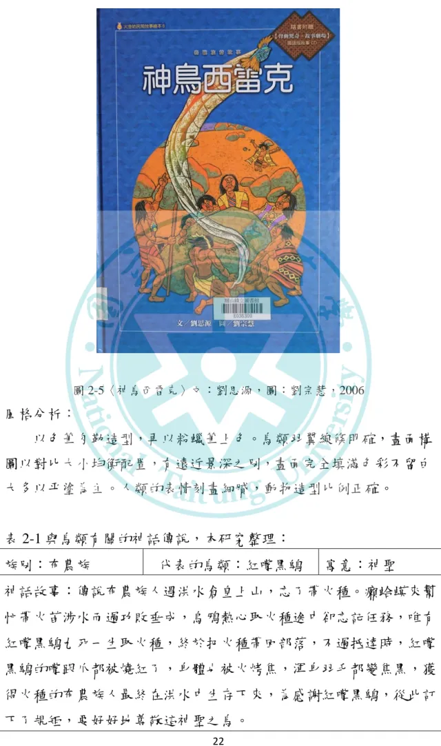 圖 2-5〈神鳥西雷克〉文：劉思源，圖：劉宗慧，2006  風格分析：  以色筆勾勒造型，再以粉蠟筆上色。鳥類羽翼線條明確，畫面構 圖以對比大小均衡配置，有遠近景深之別，畫面完全填滿色彩不留白 大多以平塗為主。人類的表情刻畫細膩，動物造型比例正確。  表 2-1 與鳥類有關的神話傳說，本研究整理：  族別：布農族  代表的鳥類：紅嘴黑鵯  寓意：神聖  神話故事：傳說布農族人遇洪水倉皇上山，忘了帶火種。癩蛤蟆來幫 忙帶火苖涉水而過功敗垂成，烏鴉熱心取火種途中卻忘記任務，唯有 紅嘴黑鵯九死一生取火種，終於把火