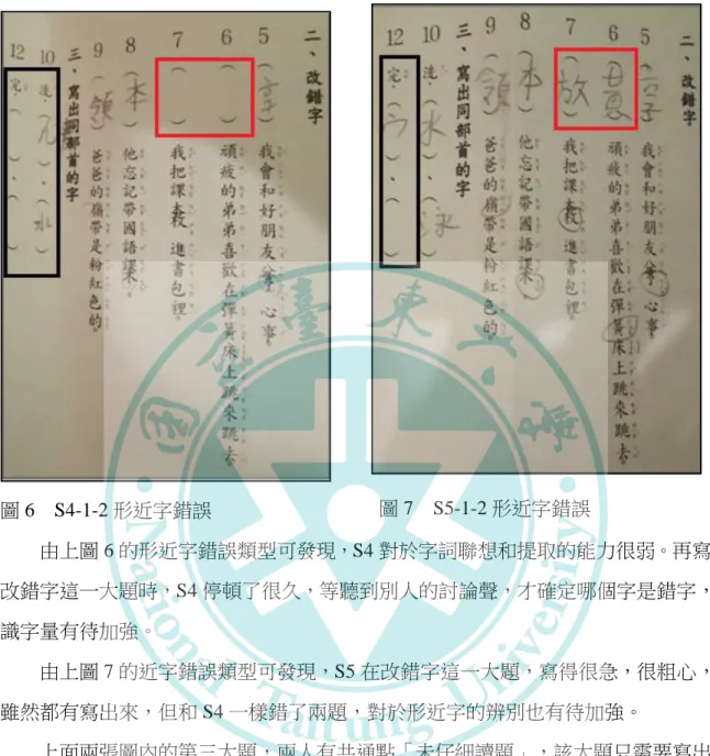 圖 6    S4-1-2 形近字錯誤          由上圖 6 的形近字錯誤類型可發現，S4 對於字詞聯想和提取的能力很弱。再寫 改錯字這一大題時，S4 停頓了很久，等聽到別人的討論聲，才確定哪個字是錯字， 識字量有待加強。          由上圖 7 的近字錯誤類型可發現，S5 在改錯字這一大題，寫得很急，很粗心， 雖然都有寫出來，但和 S4 一樣錯了兩題，對於形近字的辨別也有待加強。          上面兩張圖內的第三大題，兩人有共通點「未仔細讀題」，該大題只需要寫出 兩個同步首的字，然而兩人