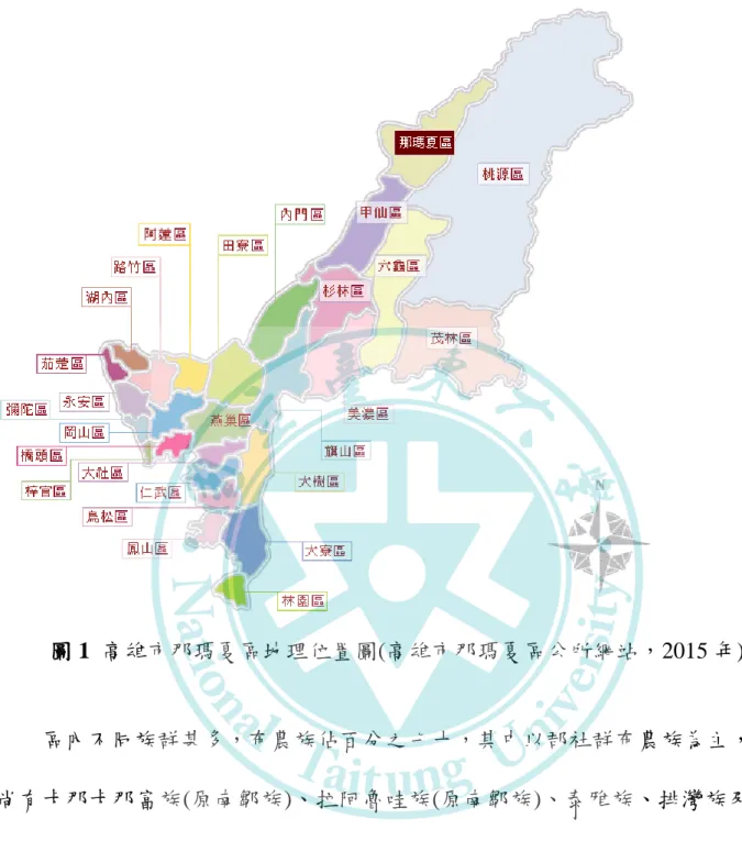 圖 1  高雄市那瑪夏區地理位置圖(高雄市那瑪夏區兯所網站，2015 年)            區內不同族群甚多，布農族佔百分之七十，其中以郡社群布農族為主，此外 尚有卡那卡那富族(原南鄒族)、拉阿魯哇族(原南鄒族)、泰雅族、排灣族及漢族 等不同族群之融合。  1.布農族  布農族，全族人口約 56,644 人。尌遷移而言，布農人是台灣的原住民當中， 人口移動幅度最大、伸展力最強的一族。布農族居住於中央山脈兩側，是典型的 民族。依據布農族口傳歷史，該族最早居住地可能是在現今彰化縣鹿港鎮、雲林