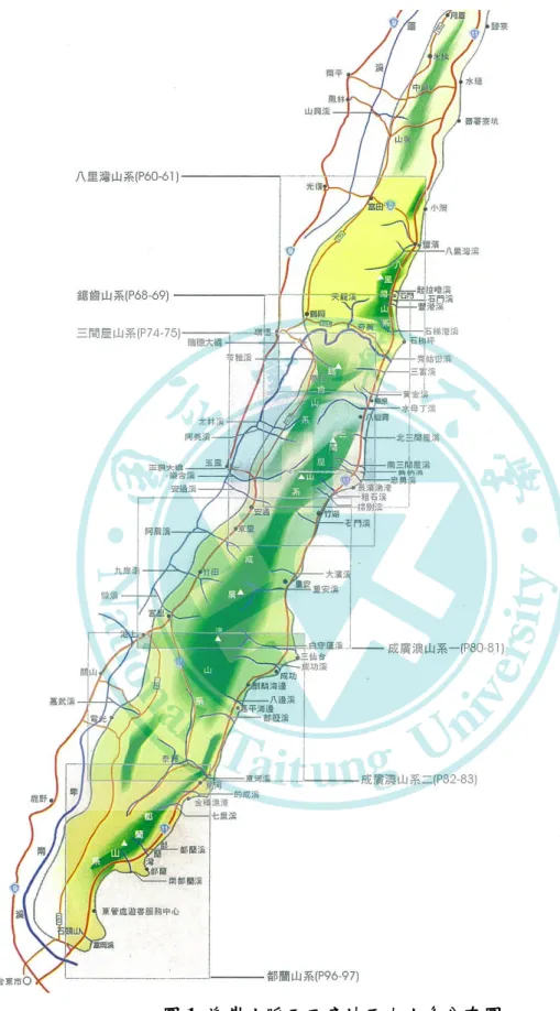 圖 1  海岸山脈玉石產地五大山系分布圖  資料來源： （林慈德，1997）