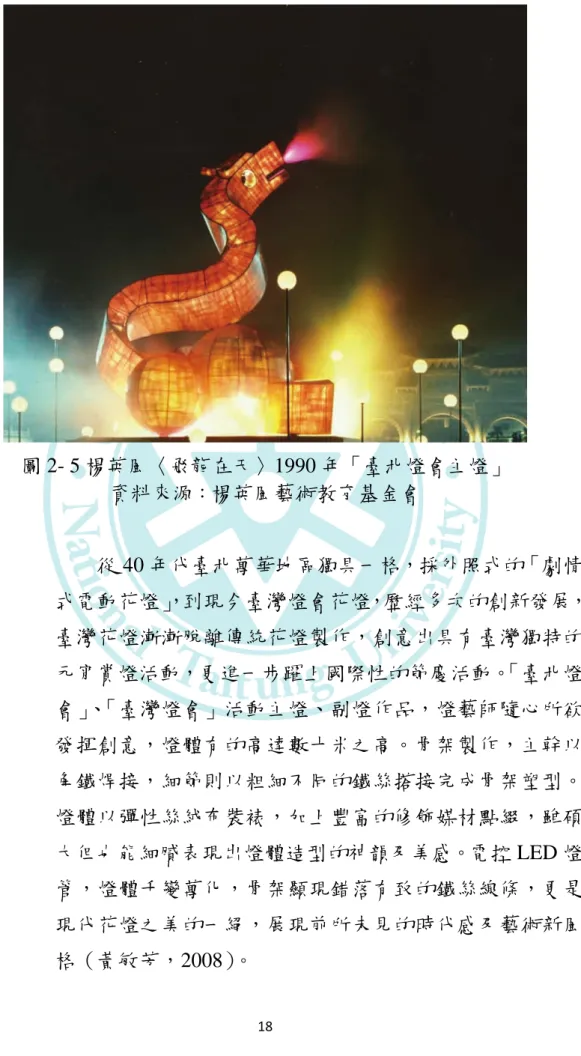 圖 2- 5 楊英風〈飛龍在天〉1990 年「臺北燈會主燈」 資料來源 ： 楊英風藝術教育基金會  從 40 年代臺北萬華地區獨具一格，採外照式的「劇情 式電動花燈」 ，到現今臺灣燈會花燈，歷經多次的創新發展， 臺灣花燈漸漸脫離傳統花燈製作，創意出具有臺灣獨特的 元宵賞燈活動，更進一步躍上國際性的節慶活動。 「臺北燈 會」、「臺灣燈會」活動主燈、副燈作品，燈藝師隨心所欲 發揮創意，燈體有的高達數十米之高。骨架製作，主幹以 角鐵焊接，細節則以粗細不同的鐵絲搭接完成骨架塑型。 燈體以彈性絲絨布裝裱，加上豐富的修