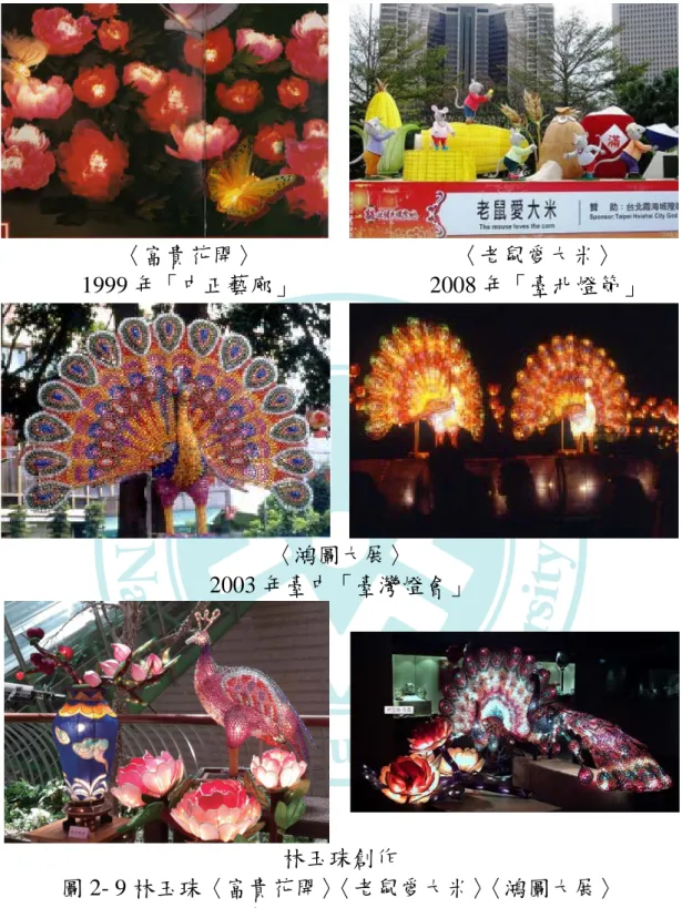 圖 2- 9 林玉珠〈富貴花開〉〈老鼠愛大米〉〈鴻圖大展〉 資料來源：臺灣現代花燈藝術研究-黃敏芳 2008、新北市文化資產、臺 灣花燈國際發展協會。  〈富貴花開〉  1999 年「中正藝廊」 〈老鼠愛大米〉  2008 年「臺北燈節」〈鴻圖大展〉 2003 年臺中「臺灣燈會」林玉珠創作 