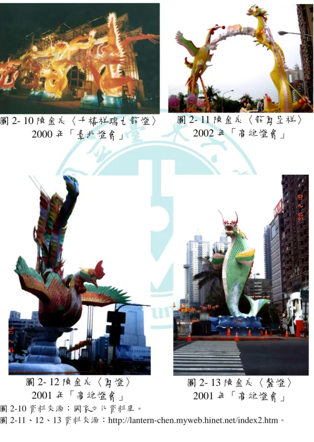 圖 2- 10 陳金泉〈千禧祥瑞九龍燈〉 2000 年「臺北燈會」 圖 2- 11 陳金泉〈龍鳳呈祥〉2002 年「高雄燈會」 圖 2- 12 陳金泉〈鳳燈〉 2001 年「高雄燈會」 圖 2- 13 陳金泉〈鰲燈〉 2001 年「高雄燈會」 圖 2-10 資料來源：國家文化資料庫。 圖 2-11、12、13 資料來源：http://lantern-chen.myweb.hinet.net/index2.htm。 
