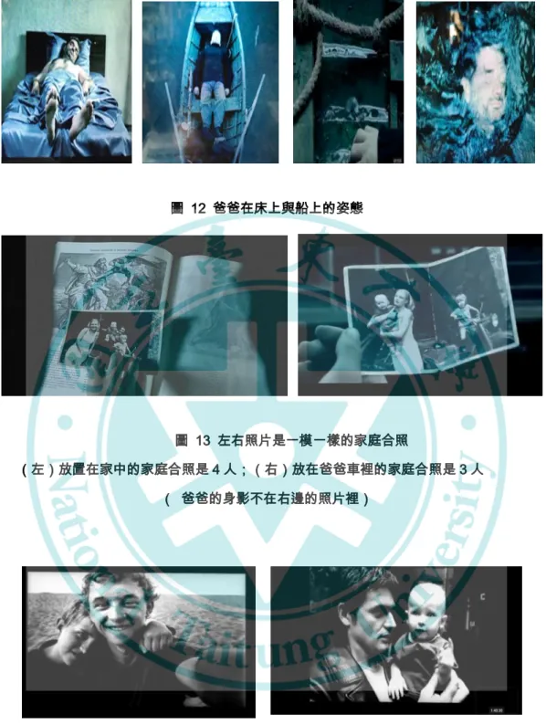 圖  12  爸爸在床上與船上的姿態                                                                            圖  13  左右照片是一模一樣的家庭合照              （左）放置在家中的家庭合照是 4 人；（右）放在爸爸車裡的家庭合照是 3 人  （  爸爸的身影不在右邊的照片裡）  圖  14  曾經的記憶在照片裡 
