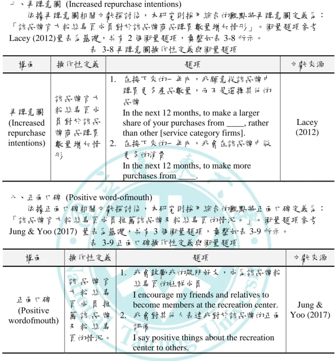 表  3-9 正面口碑操作性定義與衡量題項  構面  操作性定義  題項  文獻來源  正面口碑  (Positive  wordofmouth)  該 品 牌 官方 粉 絲 專頁 成 員 推薦 該 品 牌 及 粉 絲 專 頁的情況。  1