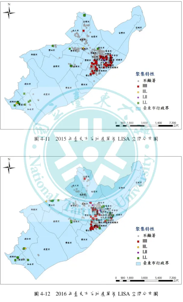圖 4-11    2015 年臺東市房地產單價 LISA 空間分布圖 