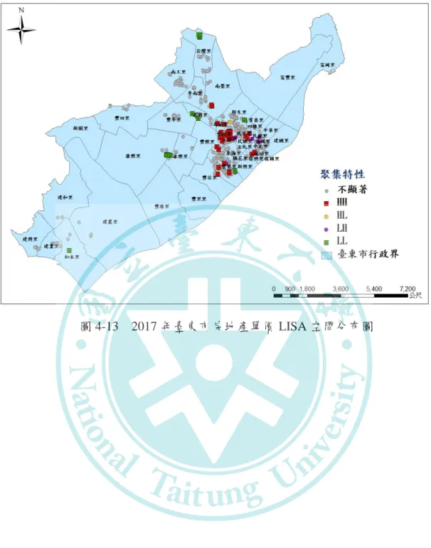 圖 4-13    2017 年臺東市房地產單價 LISA 空間分布圖 