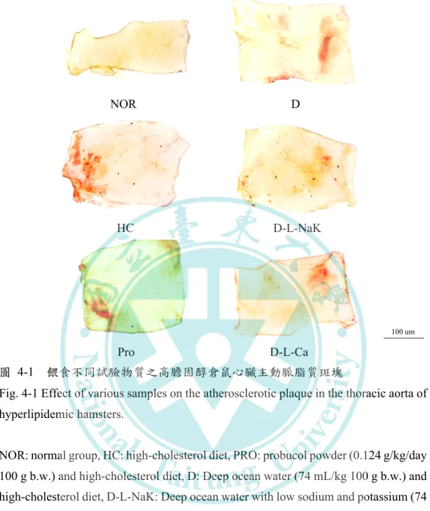 Fig. 4-1 Effect of various samples on the atherosclerotic plaque in the thoracic aorta of  hyperlipidemic hamsters