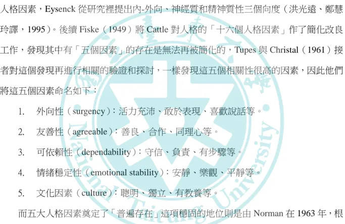 表    2-2：五大因素特性與量表得分說明 