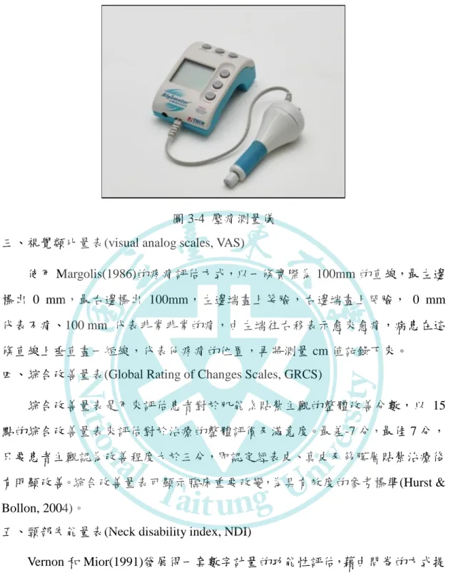 圖 3-4  壓痛測量儀  三、視覺類比量表(visual analog scales, VAS) 