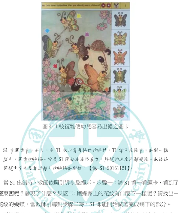 圖 4- 1 較複雜使幼兒容易出錯之圖卡  S1 看圖案看了好久，向 T1 投以需要協助的眼神，T1 請他慢慢看，配對一樣 顏色、圖案的蝴蝶。於是 S1 開始緩緩找答案，解題的速度明顯變慢。最後這 張題卡有兩隻相近顏色的蝴蝶配對錯了【課-S1-20161121】。  當 S1 出錯時，教師依照引導步驟提示。步驟一：請 S1 看一看題卡，看到了 什麼東西呢？發現了什麼？步驟二：蝴蝶身上的花紋有什麼不一樣呢？請找出一 樣花紋的蝴蝶。當教師引導到步驟二時，S1 即能開始試著完成剩下的部分。  透過操作 Phink