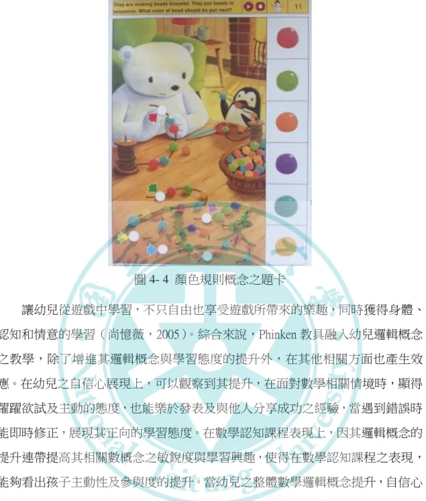 圖 4- 4  顏色規則概念之題卡 讓幼兒從遊戲中學習，不只自由也享受遊戲所帶來的樂趣，同時獲得身體、 認知和情意的學習（尚憶薇，2005） 。綜合來說，Phinken 教具融入幼兒邏輯概念 之教學，除了增進其邏輯概念與學習態度的提升外，在其他相關方面也產生效 應。在幼兒之自信心展現上，可以觀察到其提升，在面對數學相關情境時，顯得 躍躍欲試及主動的態度，也能樂於發表及與他人分享成功之經驗，當遇到錯誤時 能即時修正，展現其正向的學習態度。在數學認知課程表現上，因其邏輯概念的 提升連帶提高其相關數概念之敏銳度與