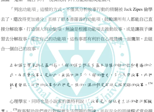表 4-1-2：侏儒怪的功能項清單 173 而寫完這些功能項後，Jack Zipes 一樣先分配卡片、指定功能項給每個孩子。 如果孩子數量比功能項還多則以重複功能項來處理。印下這些功能項並為它們做 插圖。蒐集、混合卡片，視情況將卡片分配給組或是個人。  「列出功能項」這樣的方式，不僅其分析故事行動的精髓被 Jack Zipes 偷學 去了，還改得更加過分，丟掉了原本普羅普的功能項，鼓勵讓所有人都能自己直 接分解故事，打造個人的功能項。無論是根據功能項去推動故事，或是讓孩子練 習去分解故事，產生自己的功能項，