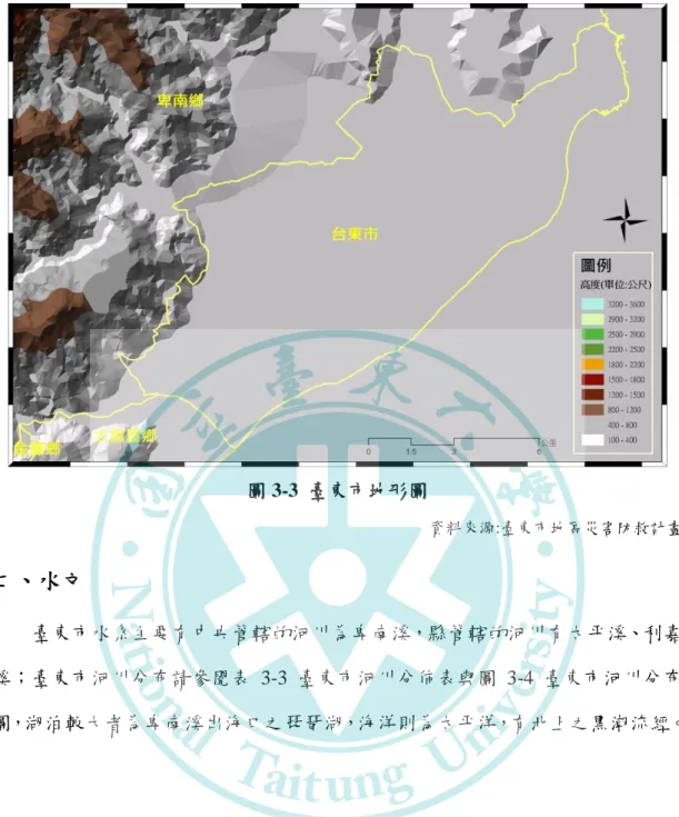 圖 3-3  臺東市地形圖  資料來源:臺東市地區災害防救計畫  二、 水文  臺東市水系主要有中央管轄的河川為卑南溪，縣管轄的河川有太平溪、利嘉 溪；臺東市河川分布請參閱表 3-3 臺東市河川分佈表與圖 3-4 臺東市河川分布 圖，湖泊較大者為卑南溪出海口之琵琶湖，海洋則為太平洋，有北上之黑潮流經。 