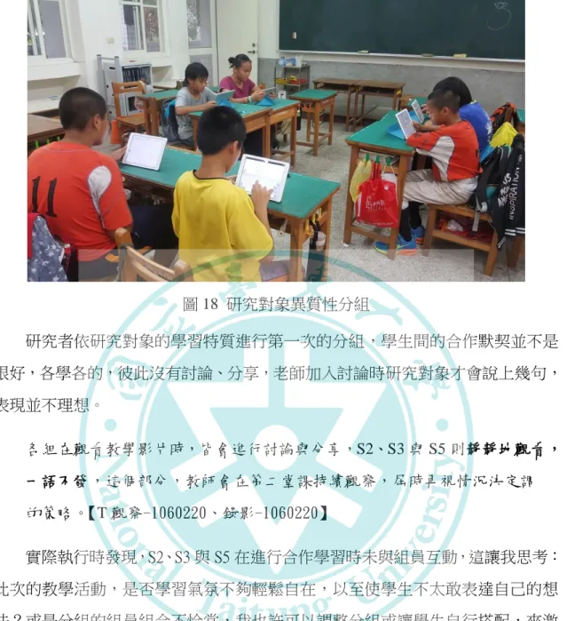 圖 18  研究對象異質性分組  研究者依研究對象的學習特質進行第一次的分組，學生間的合作默契並不是 很好，各學各的，彼此沒有討論、分享，老師加入討論時研究對象才會說上幾句， 表現並不理想。  各組在觀看教學影片時，皆會進行討論與分享，S2、S3 與 S5 則靜靜地觀看，  一語不發，這個部分，教師會在第二堂課持續觀察，屆時再視情況決定調  的策略。 【T 觀察-1060220、錄影-1060220】  實際執行時發現，S2、S3 與 S5 在進行合作學習時未與組員互動，這讓我思考： 此次的教學活動，是否學