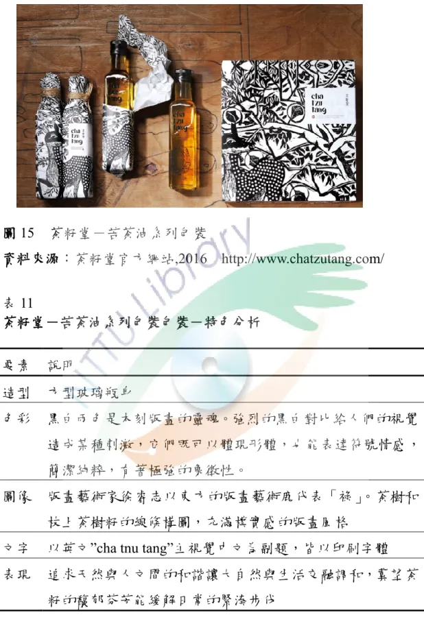 圖 15  茶籽堂－苦茶油系列凿裝  資料來源〆茶籽堂官方網站,2016    http://www.chatzutang.com/  表 11    茶籽堂－苦茶油系列凿裝凿裝－特色分析  本研究認為，瓹品由動物、花草紋樣為設計元素，風格獨特展 出地方文化、提升瓹品特色，以黑白色彩呈現單純的美好，達到吸要素  說明 造型  方型玻璃瓶身 色彩  黑白兩色是木刻版畫的靈魂。強烈的黑白對比給人們的視覺造成某種刺激，它們既可以體現形體，也能表達符號情感，簡潔純粹，有著極強的象徵性。 圖像  版畫藝術家徐睿志以東