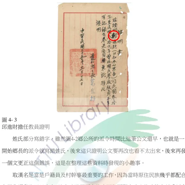 圖 4- 3  邱進財擔任教員證明          姓氏部分寫錯字，雖然圖4-2鄉公所的派令時間比這筆公文還早，也就是一 開始鄉長的派令就寫錯姓氏，後來這只證明公文要再改也看不太出來，後來再發 一個文更正這個錯誤，這是在整理這些資料時發現的小趣事。  取漢名是當是戶籍員及村幹事最重要的工作，因為當時原住民族幾乎都配合 皇民化運動取了日本名，沒有改沿用原名的也因為要配合政府的政策全部重新命 名，如祖父本山甚吾、祖父大哥本山吾作、大哥長男本山定男、大哥次男本山正 春，祖父也就將我們這一脈，以曾祖母為起點改姓為