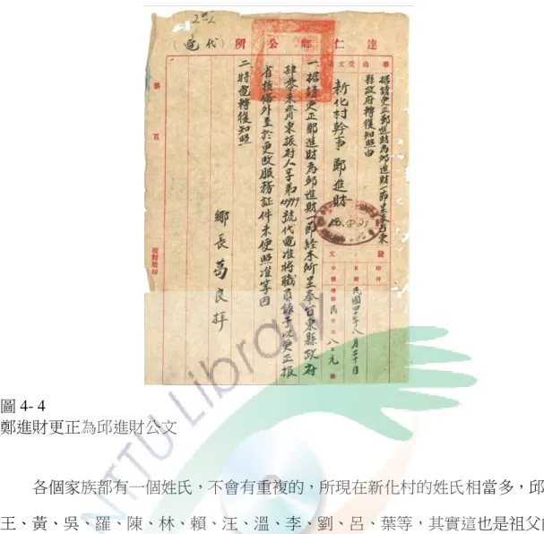 圖 4- 4  鄭進財更正為邱進財公文  各個家族都有一個姓氏，不會有重複的，所現在新化村的姓氏相當多，邱、 王、黃、吳、羅、陳、林、賴、汪、溫、李、劉、呂、葉等，其實這也是祖父內 心中對排灣族傳統家名的反應，家的凝聚和歸屬需要共同認同某些祖先，並以延 續祖先傳交下來的家名、家屋、家產為共同的責任。人和家屋的關係，需要祖先 的護持，祈求祖先賜與好命、好運，豐產、財產和名譽。所以祖先信仰觀念是家 的延續動力來源，而家的延續也肯定祖先的價值和權威（譚昌國，1992） ，祖父 內心對傳統的堅持，他不希望因為姓氏的