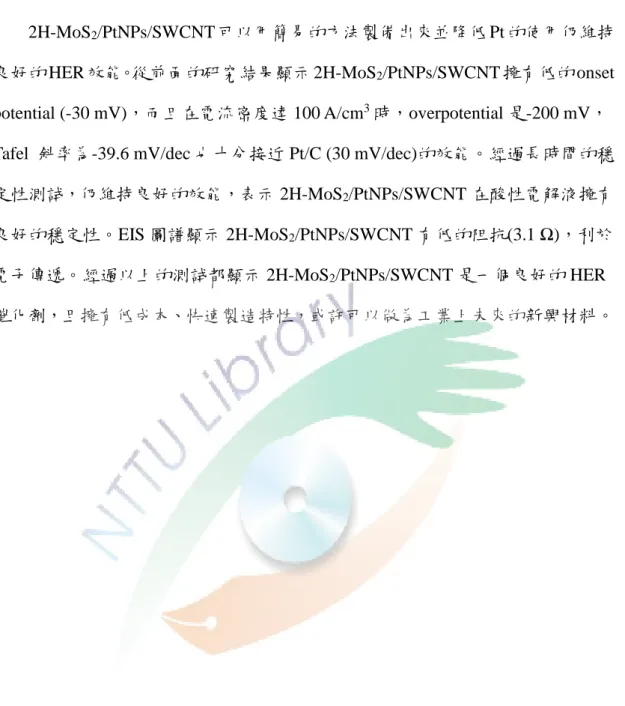 Tafel  斜率為-39.6 mV/dec 也十分接近 Pt/C (30 mV/dec)的效能。經過長時間的穩 定性測試，仍維持良好的效能，表示 2H-MoS 2 /PtNPs/SWCNT 在酸性電解液擁有 良好的穩定性。EIS 圖譜顯示 2H-MoS 2 /PtNPs/SWCNT 有低的阻抗(3.1 Ω)，利於 電子傳遞。經過以上的測試都顯示 2H-MoS 2 /PtNPs/SWCNT 是一個良好的 HER 催化劑，且擁有低成本、快速製造特性，或許可以做為工業上未來的新興材料。 