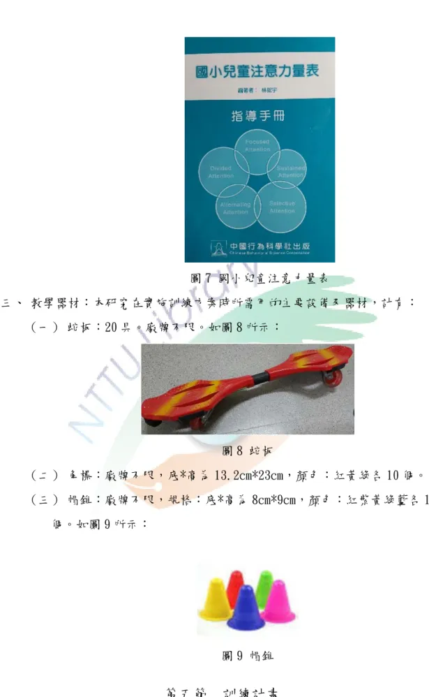 圖 7 國小兒童注意力量表  三、  教學器材：本研究在實施訓練方案時所需用的主要設備及器材，計有：  （一） 蛇板：20 具。廠牌不限。如圖 8 所示：  圖 8 蛇板  （二） 角標：廠牌不限，底*高為 13.2cm*23cm，顏色：紅黃綠各 10 個。  （三） 帽錐：廠牌不限，規格：底*高為 8cm*9cm，顏色：紅紫黃綠藍各 10 個。如圖 9 所示：  圖 9 帽錐  第五節  訓練計畫 