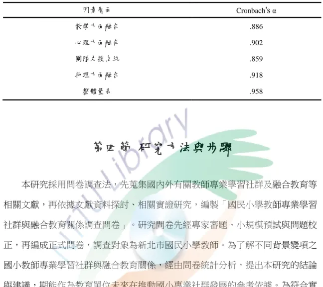 表 3-3-9    融合教育題項之信度檢定  因素層面  Cronbach 's α  教學方面融合  .886  心理方面融合  .902  團隊支援系統  .859  物理方面融合  .918  整體量表  .958  第四節 研究方法與步驟      本研究採用問卷調查法，先蒐集國內外有關教師專業學習社群及融合教育等 相關文獻，再依據文獻資料探討、相關實證研究，編製「國民小學教師專業學習 社群與融合教育關係調查問卷」。研究問卷先經專家審題、小規模預試與問題校 正，再編成正式問卷，調查對象為新北市國民