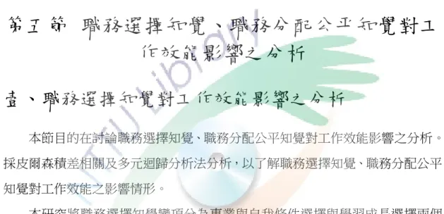 表 41 不同職務分配制度在職務分配公平知覺、工作效能知覺達顯著差異一覽表  層面  (I) 職務分配  (J) 職務分配  平均差異(I-J)  顯著性  教學效能  綜合制  指派制  3.51 ＊＊ .004  ＊＊ ｐ ＜.01  資料來源：研究者自行整理          由以上研究結果可知，對於假設 3：不同職務分配制度在教學效能有顯著的 差異，獲得部份支持；對於假設 4：不同職務分配制度在行政效能有顯著的差異， 則不獲得支持；對於假設 5：不同職務分配制度在職務分配公平知覺有顯著的差 異，同樣