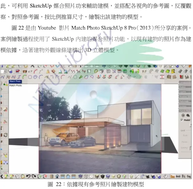 圖 22 是由 Youtube  影片 Match Photo SketchUp 8 Pro（2013）所分享的案例。