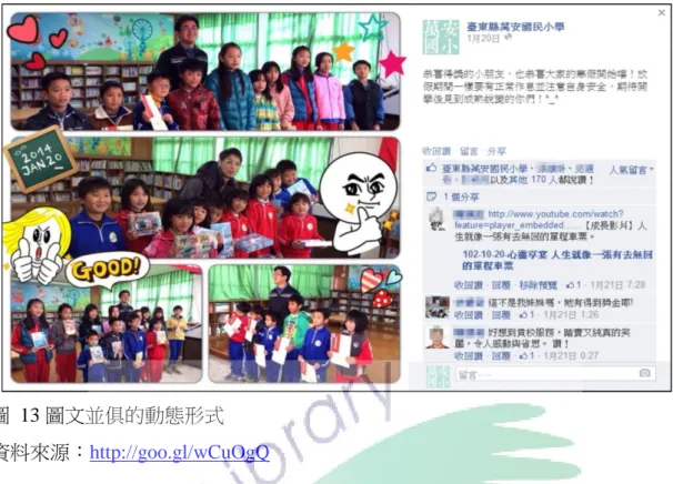 圖  13 圖文並俱的動態形式  資料來源：http://goo.gl/wCuOgQ  而動態形式亦不侷限於靜態照片，校方上傳師生影片作品或活動花絮影片等 多媒體檔案，讓粉絲專頁的動態不單調(如圖 14)。相較於相片動態的一目了然， 影片動態必須點擊後才能觀賞，但是透過影片動態可讓主題更明確的被傳達，而 瀏覽者享受到的觀賞樂趣也更多。  圖  14 影片形式的動態訊息  資料來源：http://goo.gl/1eldY4 