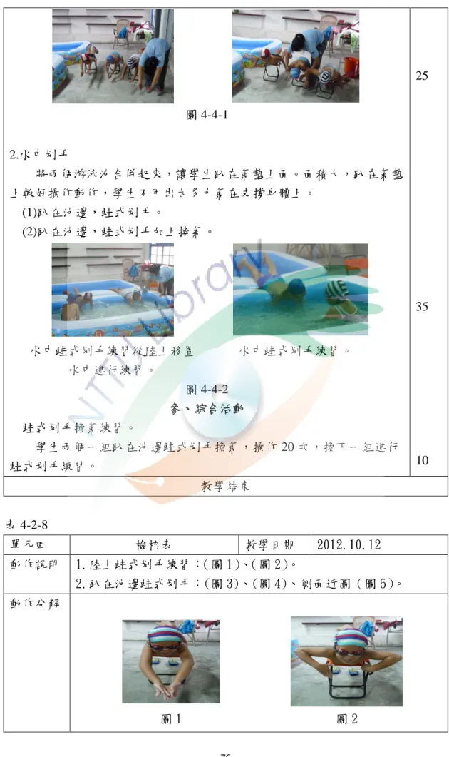 圖 4-4-1  2.水中划手      將兩個游泳池合併起來，讓學生趴在氣墊上面。面積大，趴在氣墊 上較好操作動作，學生不用出太多力氣在支撐身體上。  (1)趴在池邊，蛙式划手。  (2)趴在池邊，蛙式划手加上換氣。  水中蛙式划手練習從陸上移置 水中進行練習。  水中蛙式划手練習。  圖 4-4-2  參、綜合活動    蛙式划手換氣練習。      學生兩個一組趴在池邊蛙式划手換氣，操作 20 次，換下一組進行 蛙式划手練習。  25 35 10  教學結束  表 4-2-8  單元四  檢核表  教