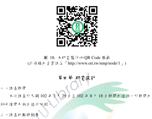 圖  18.  本研究製作的 QR Code 標籤  (此條碼內含資訊為「http://www.ori.tw/nmp/node/1」)  第四節  研究設計  一、調查期間  本次調查於民國 102 年 3 月 29 日至 102 年 8 月 18 日期間內進行，於期間內 均分週間及假日進行施測。  二、調查地點與對象  座落於臺東的國立臺灣史前文化博物館是國內第一座以史前和原住民文化為 主題的博物館，也是國內第一座包含博物館、考古遺址和自然生態公園的博物館， 更是東海岸第一座國家級的博物館，最初主要是為了