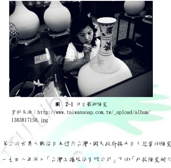 圖  2-1 仿古藝術陶瓷  資料來源：http://www.taiwansoap.com.tw/_upload/album/          1383817150.jpg      第二次世界大戰後日本退出台灣，國民政府接手日人經營的陶瓷 廠，一九四八年併入「台灣工礦股份有限公司」下的「北投陶瓷耐火 器材廠」，順勢發展為台灣最早的藝術陶瓷發源地，此時期也被歸為 懷古藝術陶瓷時期（陳新上，2011，頁 130-131)。       一九五四年許占山與吳讓農於社子成立「永生工藝社」生產彩繪 花瓶，並邀請知