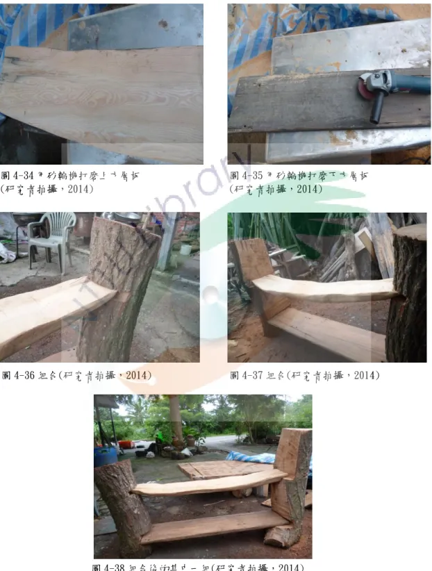 圖 4-34 用砂輪機打磨上方層板                 圖 4-35 用砂輪機打磨下方層板  (研究者拍攝，2014)                          (研究者拍攝，2014) 