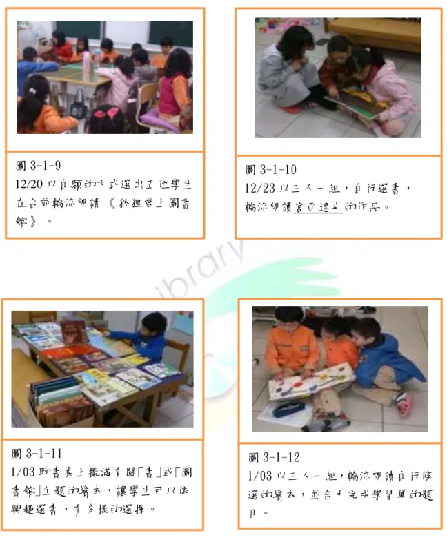 圖 3-1-12  1/03 以三人一組，輪流朗讀自行條 選的繪本，並合力完成學習單的題 目。 圖 3-1-9 12/20 以自願的方式選出五位學生在台前輪流朗讀 ︽ 狐狸愛上圖書館 ︾ 。  圖 3-1-10  12/23 以三人一組，自行選書， 輪流朗讀宮西達也的作品。 圖 3-1-11 1/03 聊書桌上擺滿有關｢書｣或｢圖書館｣主題的繪本，讓學生可以依興趣選書，有多樣的選擇。 