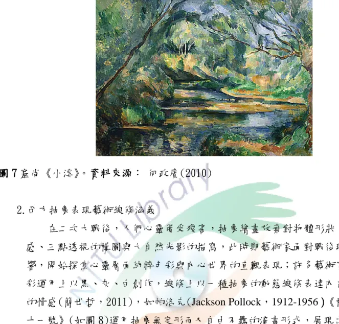 圖 7 塞尚《小溪》。資料來源： 何政廣(2010) 2.西方抽象表現藝術線條涵義      在二次大戰後，人們心靈備受殘害，抽象繪畫放棄對物體形狀、立體 感、三點透視的構圖與大自然光影的描寫，此時期藝術家面對戰後環境影 響，開始探索心靈層面純粹色彩與內心世界的直觀表現；許多藝術家在色 彩運用上以黑、灰、白創作，線條上以一種抽象的動態線條表達內在強烈 的情感(簡世哲，2011)，如帕洛克(Jackson Pollock，1912-1956 )《構圖三 十一號》(如圖 8)運用抽象無定形而又自由不羈的滴畫形式