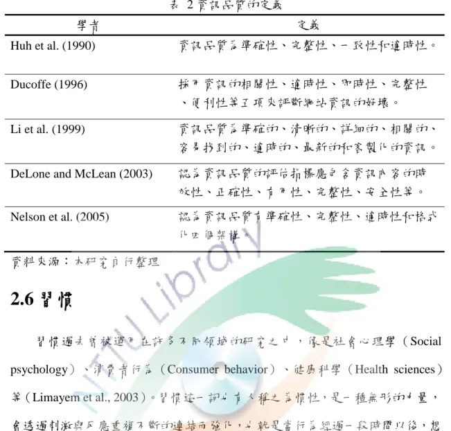 表  2 資訊品質的定義  學者  定義  Huh et al. (1990)  資訊品質為準確性、完整性、一致性和適時性。  Ducoffe (1996)  採用資訊的相關性、適時性、即時性、完整性  、便利性等五項來評斷網站資訊的好壞。  Li et al