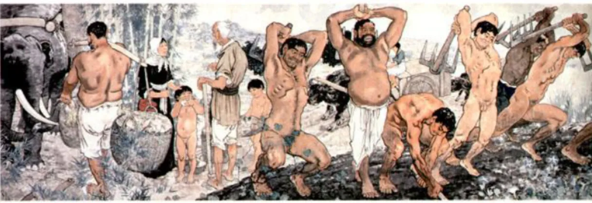 圖 18 徐悲鴻─愚公移山（ 143cm×424cm，現藏於徐悲鴻紀念館 ）              然而高劍父之革新畫派，在廣州遇上強大阻力，受到保守派畫家大肆抨 擊。傳統派畫家，包括鄧芬、潘龢、趙浩公、鄧爾雅、葉恭綽、盧振寰、李 研山、盧子樞、李瑤屏、黃君璧、沈仲強、張谷雛、溫其球、李鳳公、潘達 微、姚禮修、黃少梅、張祥凝、黃般若及丁衍庸等，組成國畫研究會，定期 於廣州六榕寺聚會，致力承傳和發揚傳統國畫的理論和技法。              雖然這批六榕寺畫家一向被視為傳統保守派，但在發展國畫傳統時